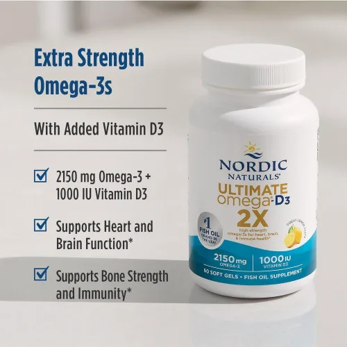 Miniatura 3 de Nordic Naturals Ultimate Omega 2X con vitamina D3, sabor a limón, 60 geles blandos, 2150 mg de omega-3 + 1000 UI D3, aceite de pescado omega-3, EPA