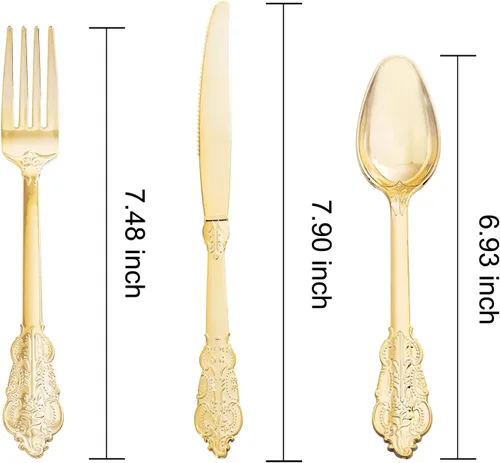 NOCCUR Juego de cubiertos de plástico dorado de 180 piezas, cubiertos desechables de plástico dorado, incluye 60 tenedores, 60 cucharas, 60