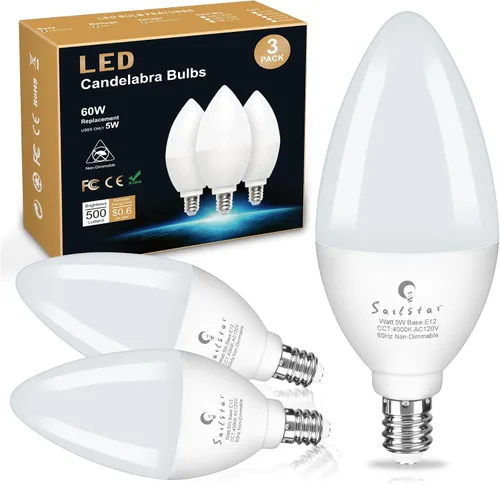 Miniatura 14 de Bombillas LED E12 de Sailstar, equivalentes a 60 W, 500 lúmenes, bombillas de luz para ventilador de techo, blanco suave 2700 K, tipo B, bombilla