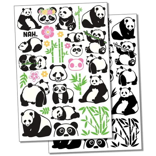 Tatuaje temporal de bambú de oso panda gigante, resistente al agua, colección de arte corporal falso, color negro (una hoja)