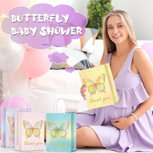 Miniatura 6 de TaoBary - 24 bolsas de regalo de mariposa con asas, regalo de mariposa con texto en inglés "Thank You for Fluttering by Treat", bolsas de regalo