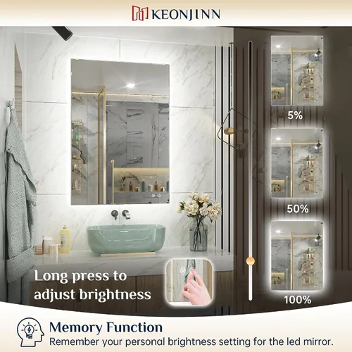Miniatura 3 de Keonjinn - Espejo LED para el baño de 24 x 40 pulgadas con retroiluminación, espejo de tocador antiempañante con vidrio templado HD CRI90+