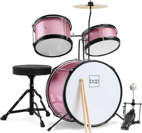 Miniatura 12 de Best Choice Products Juego de batería para principiantes de 3 piezas para niños y jóvenes, con taburete de trono, platillo, baquetas, pedal de Negro