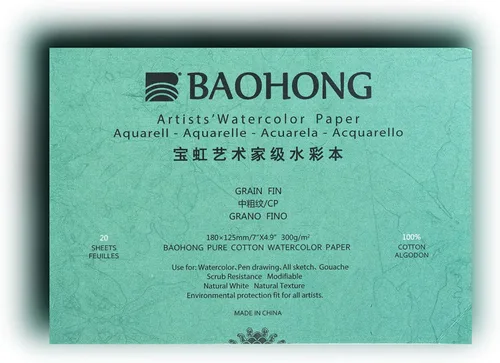 BAOHONG Bloque de papel de acuarela para artistas (20 hojas, pegadas en cuatro bordes), 100% algodón, sin ácidos, 140 libras/300 GSM, suministros de