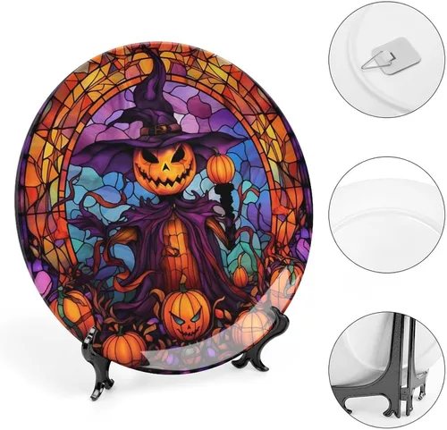 Miniatura 4 de Platos decorativos, diseño de espantapájaros de Halloween, placa de exhibición con diseño de vitrales para el hogar, oficina, cocina, decoración