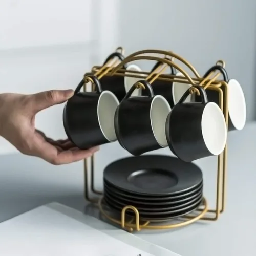 Miniatura 9 de YHOSSEUN Juego de 6 Tazas de Café Espresso de Cerámica, Tazas de Shots de Espresso de 4 Oz con Soporte, Platillos y Cucharas, Tazas Pequeñas de Café