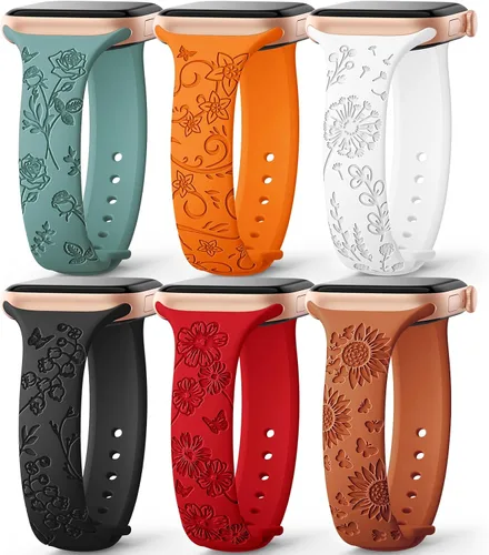 AMSKY Paquete de 6 correas delgadas con grabado floral compatibles con Apple Watch Band 1.575 in 1.614 in 1.654 in 1.496 in 1.732 in 1.772 in 1.811