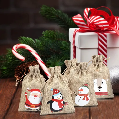 Miniatura 5 de LOKIPA Bolsas de arpillera de yute de Navidad, yute de Navidad, arpillera de lino con cordón de regalo, bolsa de dulces para regalos de Navidad (36)