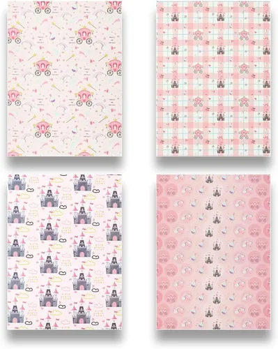 Miniatura 3 de Papel de regalo rosa, 4 hojas plegadas, papel de estraza para envolver cumpleaños, castillo, carruaje, cuentos de hadas, papel mágico de regalo