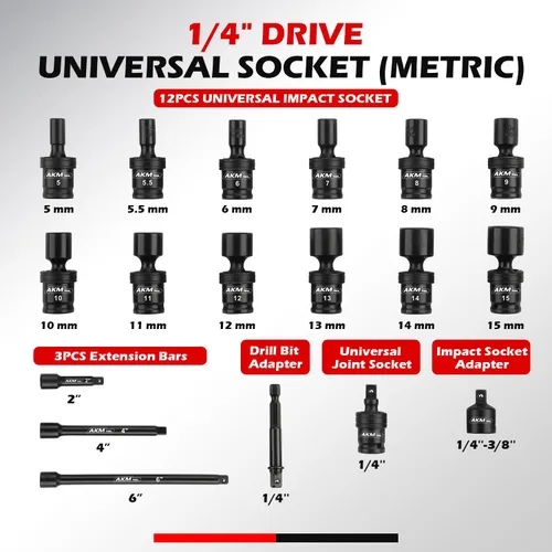 Miniatura 2 de Juego de enchufes de impacto universal de 1/4" de accionamiento, juego de enchufes giratorios de 18 piezas, enchufe de oscilación de junta universal