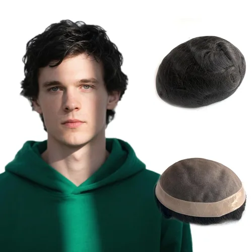 Miniatura 13 de Hywel Toupee para hombres con cabello humano 100% real, parte superior mono con revestimiento de poliéster alrededor de la gorra para hombre, piezas