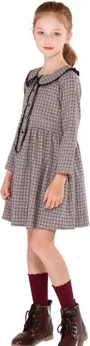 Miniatura 3 de SOLOCOTE Vestido a cuadros para niñas, de algodón, casual, de primavera, manga larga, cuello Peter Pan, 3-14 años
