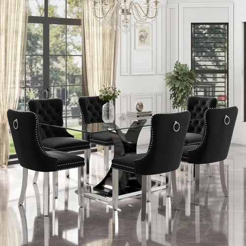 Miniatura 23 de Moderno juego de comedor de cristal de lujo para 6, 63 pulgadas, juego de vajilla rectangular minimalista grande para 6, juego de mesa de cocina