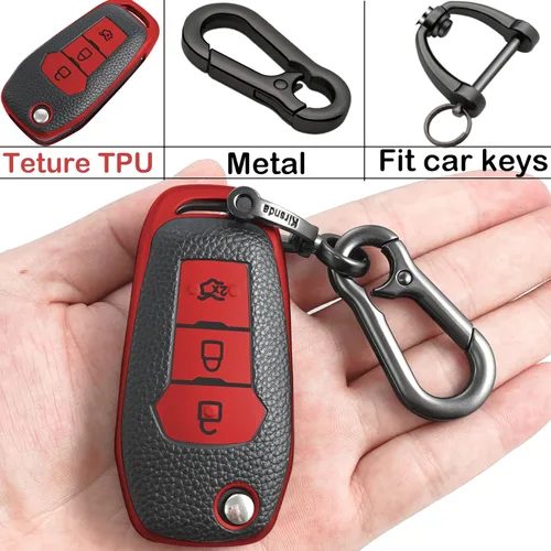 Miniatura 6 de Kirsnda para Ford Funda para llavero, estuche de textura, con llavero, carcasa/piel para llave, 3 botones, apto para Fusion Ranger Focus, etc.