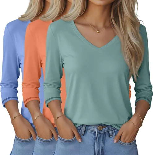 Miniatura 44 de Ficerd Paquete de 3 camisetas de manga 3/4 para mujer, cuello en V, blusas holgadas, blusas casuales, ropa de moda 2026