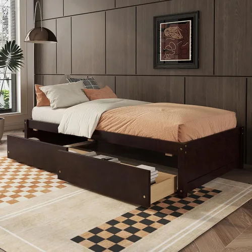 Miniatura 11 de HomSof Cama individual con 2 cajones, madera maciza, no necesita somier, gris
