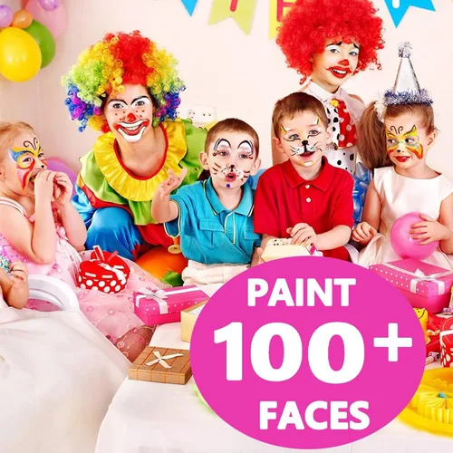 Miniatura 7 de Maydear Kit de Pintura Facial para Niños, Paleta de Maquillaje a Base de Agua de 32 Colores con Plantillas, Brillos, Pastel de Arcoíris Dividido