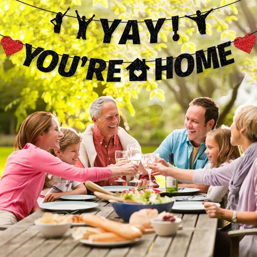 Miniatura 5 de Cartel preencordado "Yay! You're Home", decoración de bienvenida para el hogar con purpurina para el ejército militar, fiesta de regreso a casa