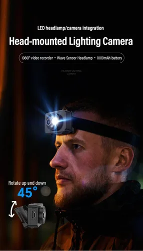 Miniatura 8 de Cámara montada en la cabeza, faro LED, cámara de acción HD 1080P, grabación de video portátil, almacenamiento interno de 64 GB, adecuada