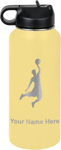 Miniatura 60 de LaserGram Botella de agua personalizada, hombre haciendo slam dunk de baloncesto, de acero inoxidable, de doble pared con aislamiento al vacío