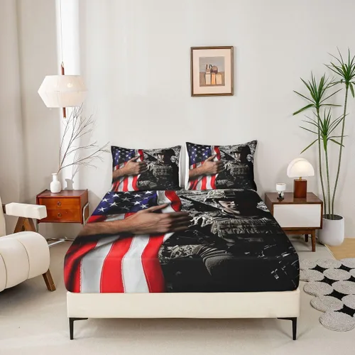 Miniatura 5 de Juego de ropa de cama de bandera estadounidense tamaño individual para niños, adolescentes y hombres, retro, verde militar, camuflaje, bandera
