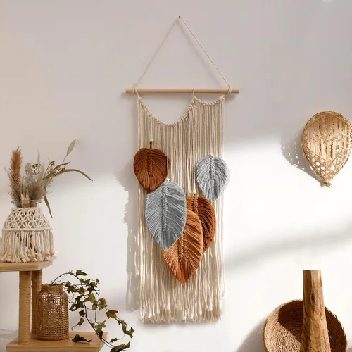Tapiz de hojas de macramé para decoración de pared, tapices tejidos bohemios, arte de pared de hojas de otoño, grandes borlas bohemias, adorno