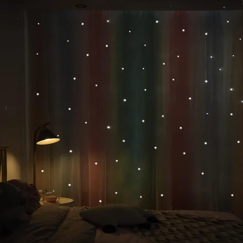 Miniatura 4 de Cortinas opacas con recorte de estrellas y arcoíris para guardería/habitación de niños/niñas, con superposición de tul, 2 paneles, cada una de 52