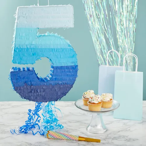Miniatura 2 de BLUE PANDA Piñata de cuerda número 5 – Azul degradado, 16.5 x 11.6 pulgadas – Piñata para niños de 5 años, decoraciones de 5º cumpleaños para niños