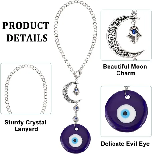 Miniatura 4 de Adorno colgante azul para coche con ojo malvado, dijes de cuentas con ojo malvado con adorno colgante de luna para coche, atrapasueños, regalo