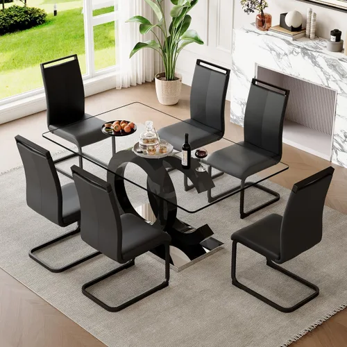 Miniatura 17 de gopop Mesa de comedor de cristal de 63 pulgadas, mesa de cocina moderna, mesa de comedor de vidrio transparente con patas de diseño único negro