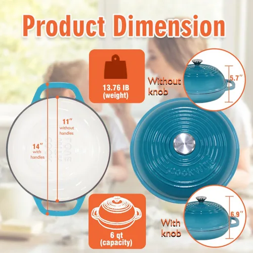 Miniatura 2 de Horno de pan de hierro fundido esmaltado, horno holandés de 6 cuartos de galón para hornear pan de masa madre, kit de sartén esmaltada de 11 Verde