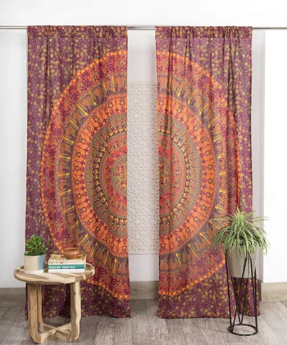 Miniatura 9 de Popular Handicrafts Cortinas hippie azul con mandala de camello de 100 pulgadas de largo para sala de estar o dormitorio, juego de 2 paneles
