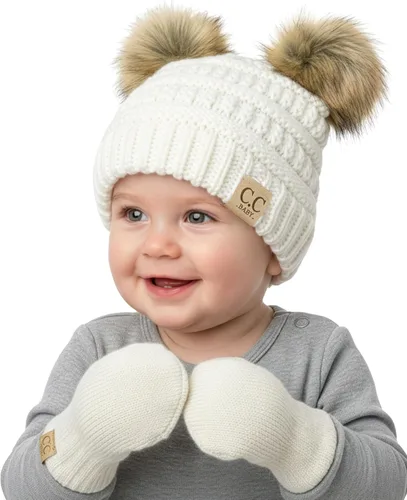 Miniatura 17 de Funky Junque Conjunto de gorro y mitones con doble pompón de pelo sintético para bebé – Gorro de invierno para recién nacidos de 0–9 meses