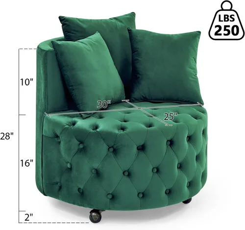 Miniatura 3 de Silla giratoria de barril de terciopelo con 3 almohadas y 4 ruedas, sofá de 360 grados, moderna silla tapizada con botones para sala de estar, Verde