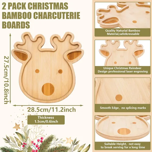 Miniatura 2 de Whaline 2 bandejas de servir de Navidad, tabla de queso de bambú y reno, tablas de aperitivos de Navidad, platos de servir pan, charcutería