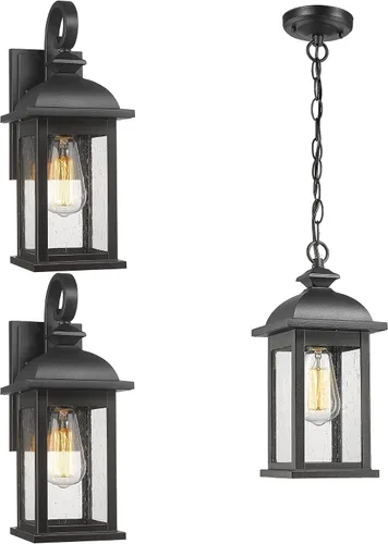 FEMILA Aplique de pared exterior, luces colgantes al aire libre para porche, acabado negro mate antioxidante con pantalla de vidrio sembrado