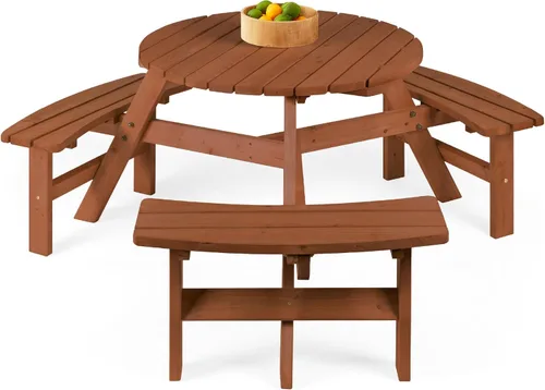 Best Choice Products Mesa de picnic circular de madera para 6 personas para patio, patio trasero, jardín, bricolaje con 3 bancos integrados,