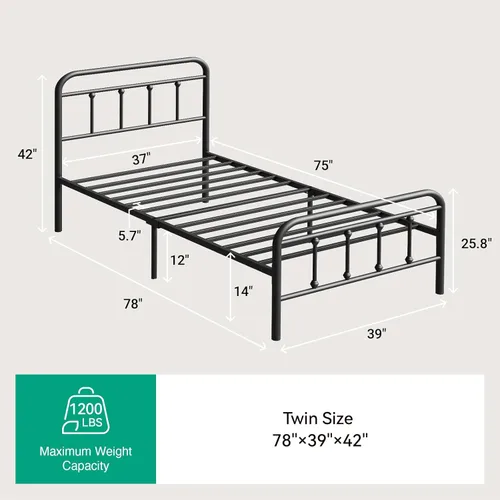 Miniatura 2 de Novilla Armazón de Cama de Metal Tamaño Twin - Estilo Victoriano Minimalista Moderno con Cabecera/Pie de Cama, Listones de Acero
