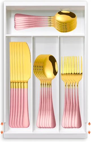 Miniatura 16 de Juego de cubiertos de 24 piezas con organizador, juego de cubiertos de acero inoxidable resistente para 6, juego de cubiertos rosa con mango