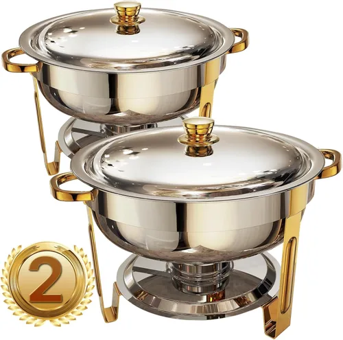 Frizoky Platos de Roce para Buffet de Acero Inoxidable 2Pack, Juego de 6QT de Chafers Redondos en Oro y Plata y Calentadores de Buffet con Soporte