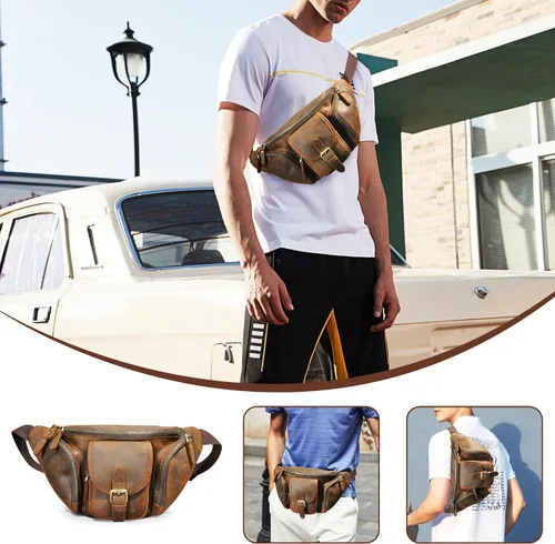 Miniatura 3 de Grueso caballo loco cuero senderismo equitación viaje al aire libre cinturón riñonera riñonera pequeña bolsa de teléfono para hombres mujeres 380
