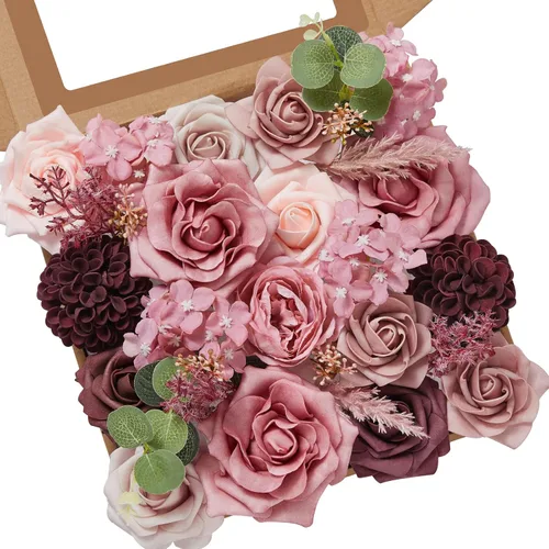 Miniatura 27 de Serwalin 2 Piezas Flores Artificiales Blancas Rosas Falsas Flores de Espuma de Seda Juego de Caja para Manualidades DIY Ramos de Pastel de Boda Un