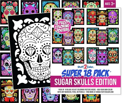 Miniatura 2 de Paquete de 18 pósteres de terciopelo mullido para colorear (edición de calaveras de azúcar), ideal para niños, Halloween, día de los muertos, día