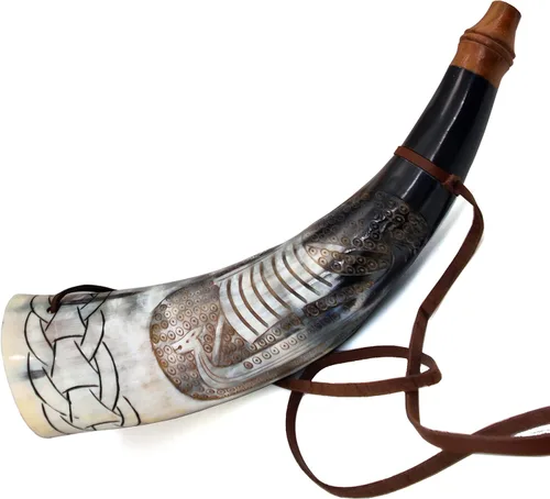 Cuerno de guerra vikingo – Trompeta de batalla de buey genuino de 16 pulgadas – Cuerno de barco grabado a mano de alta calidad para ganado nórdico,