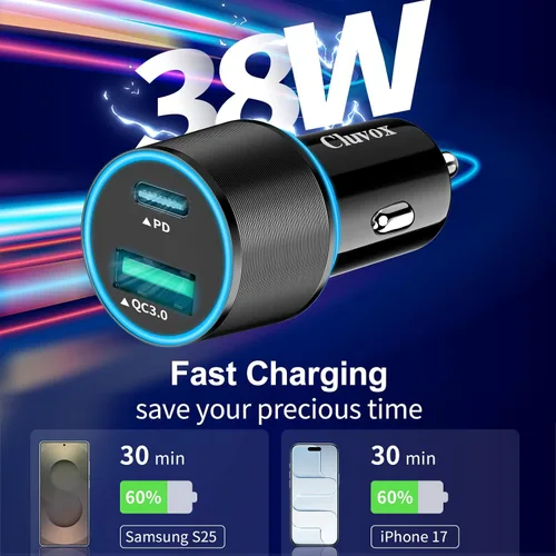 Miniatura 3 de Adaptador de cargador de coche USB C de 38 W, 20 W rápido USBC y puertos QC3.0 rápidos de 18 W, adaptador de encendedor de cigarrillos de 12 V