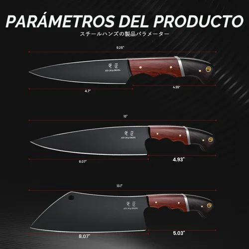 Miniatura 7 de DRGSKL Juego de cuchillos de chef japoneses, 3 piezas de cuchillos de cocina para cocinar, juego de cuchillos de carnicero con mango de madera