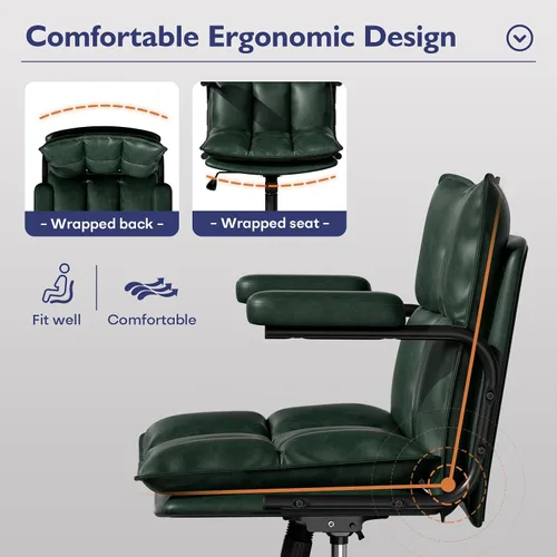 Miniatura 3 de Ollega Mid Century Modern Desk Chair, Vintage Leather Office Chair, Green Petite Computer Chair for Small to Medium Women, Thickened Back, Cozy