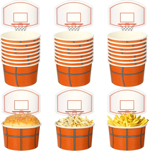 Sunnyray 24 juegos de tazas de baloncesto con tarjetas, 8 onzas, desechables, de papel, para fiestas, pelotas deportivas, cuencos de comida para