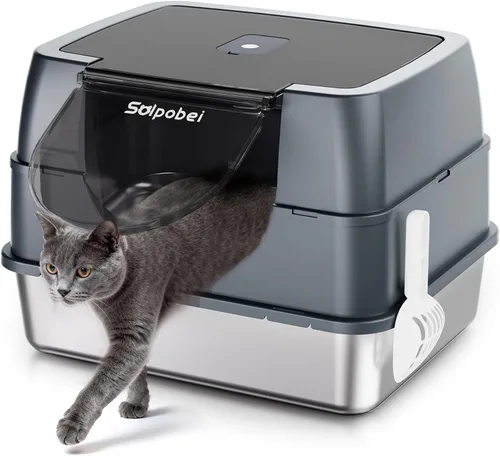 Solpobei Caja de arena para gatos de acero inoxidable con tapa, caja de arena cerrada y cubierta para gatitos, grande o pequeña, bandeja de arena de
