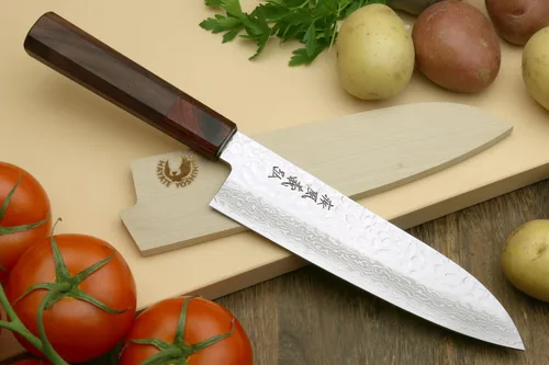 Miniatura 2 de Yoshihiro VG-10 Cuchillo de chef japonés multiusos de Damasco Santoku de 46 capas (mango de palisandro de 7 pulgadas)